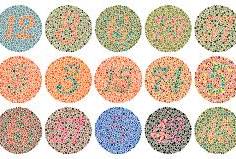 Color test image showing numbers on various background colors designed to illustrate color blindness challenges.