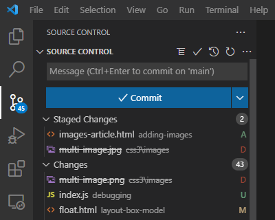 Git menu showing file update status